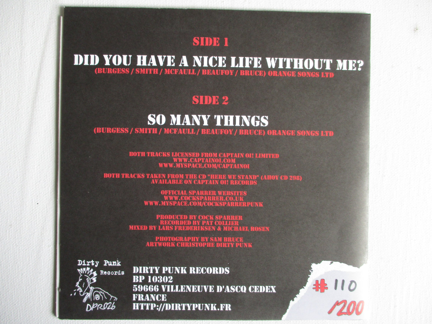 COCK SPARRER did you have a nice life without me? 7" RARE COVER
