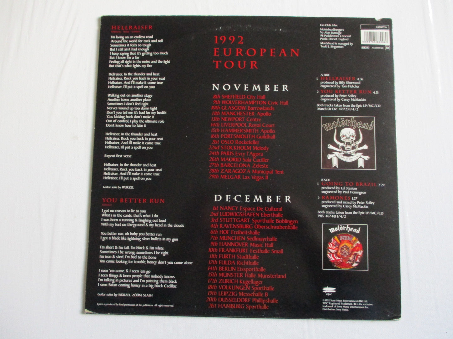 MOTORHEAD 92 tour EP 12" F EX