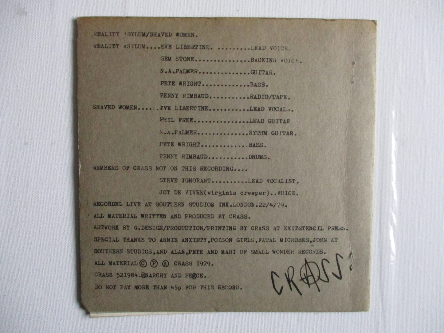 CRASS reality asylum 7" ORIG  VG+ VG