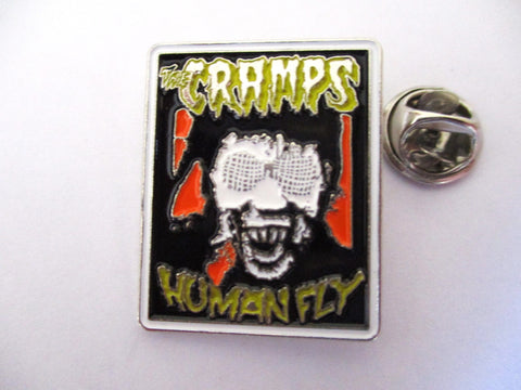 THE CRAMPS human fly psychobilly punk METAL BADGE (yellow logo)