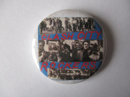 THE CLASH punk badge (VARIOUS OUT OF PRINT, discoloured)